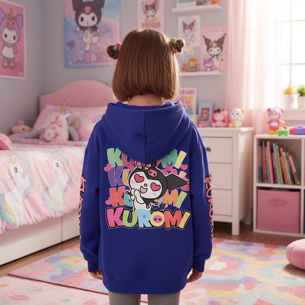 Funny Kuromi Cartoon Graphic Double Sided Print Cropped Hoodie For Girls