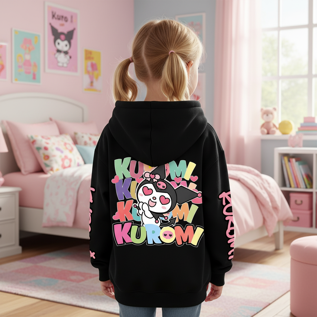 Funny Kuromi Cartoon Graphic Double Sided Print Cropped Hoodie For Girls
