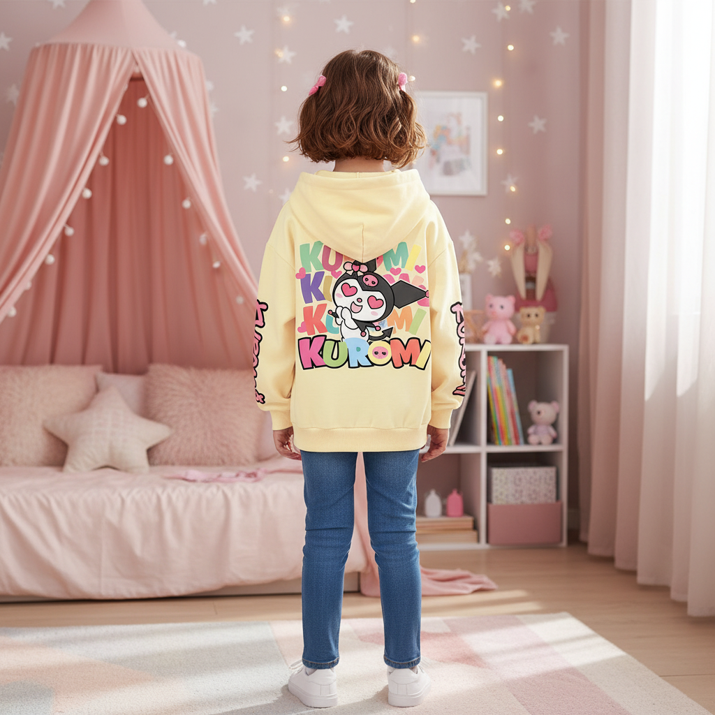 Funny Kuromi Cartoon Graphic Double Sided Print Cropped Hoodie For Girls