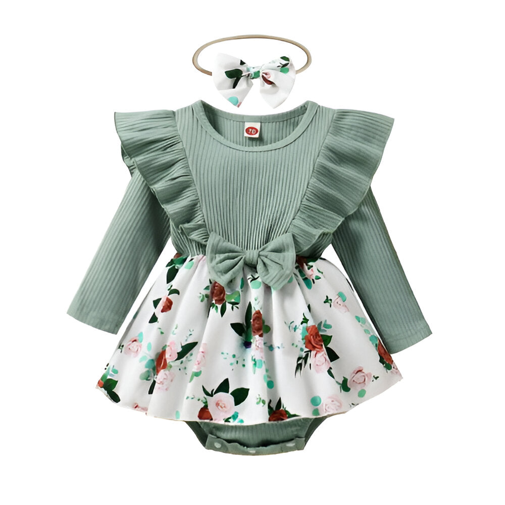 2Pcs Baby Girl Long Sleeves Jumpsuit With Bow Headband-Children Cloth Shop