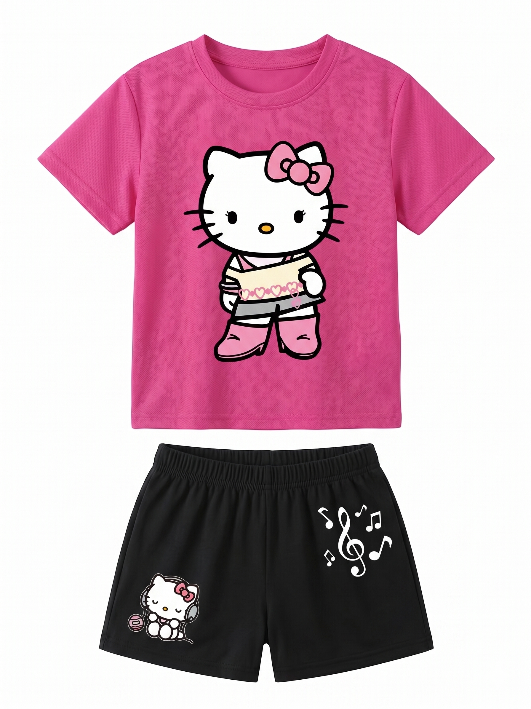 Hello Kitty Graphic Themed Mesh T Shirt And Shorts Outfit Set For Girls