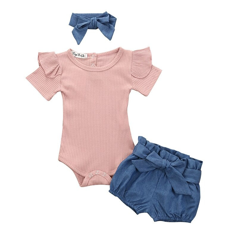 Girls Solid Short Sleeve Tops Romper Shorts & Headband-Children Cloth Shop