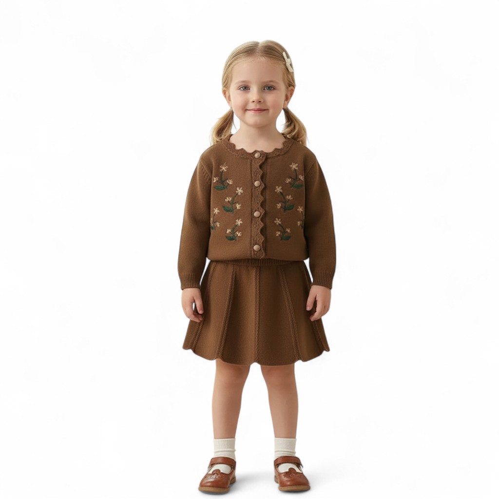 Embroidered Cardigan And Skirt Set For Girls
