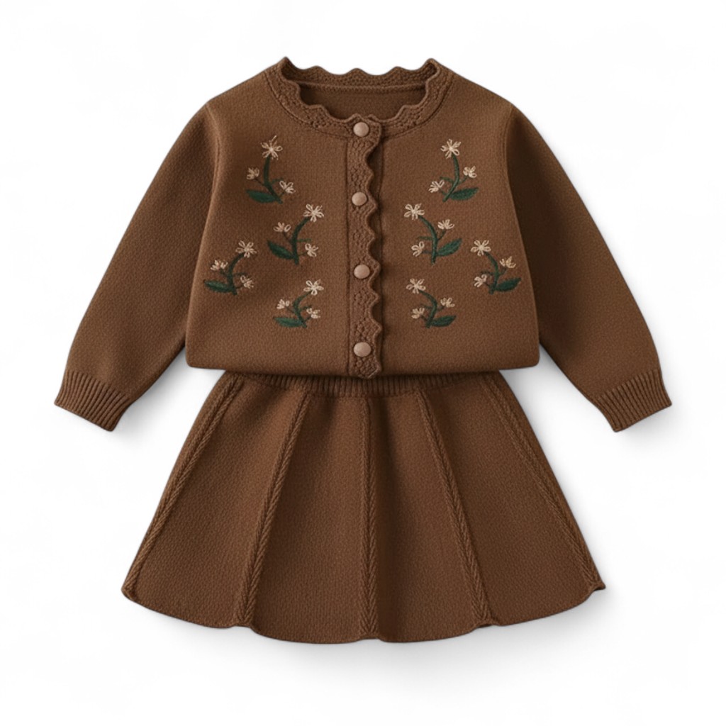 Embroidered Cardigan And Skirt Set For Girls