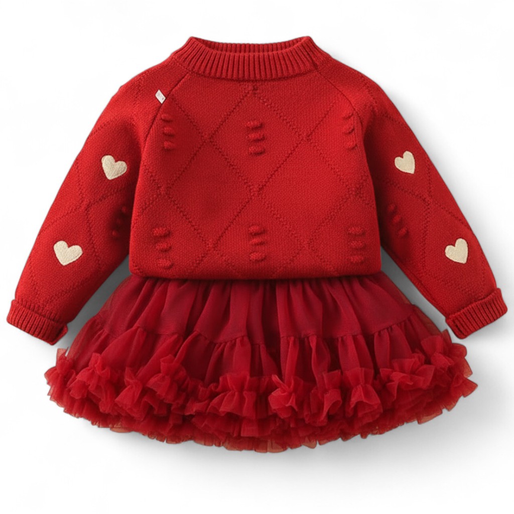 Embroidered Cardigan And Skirt Set For Girls