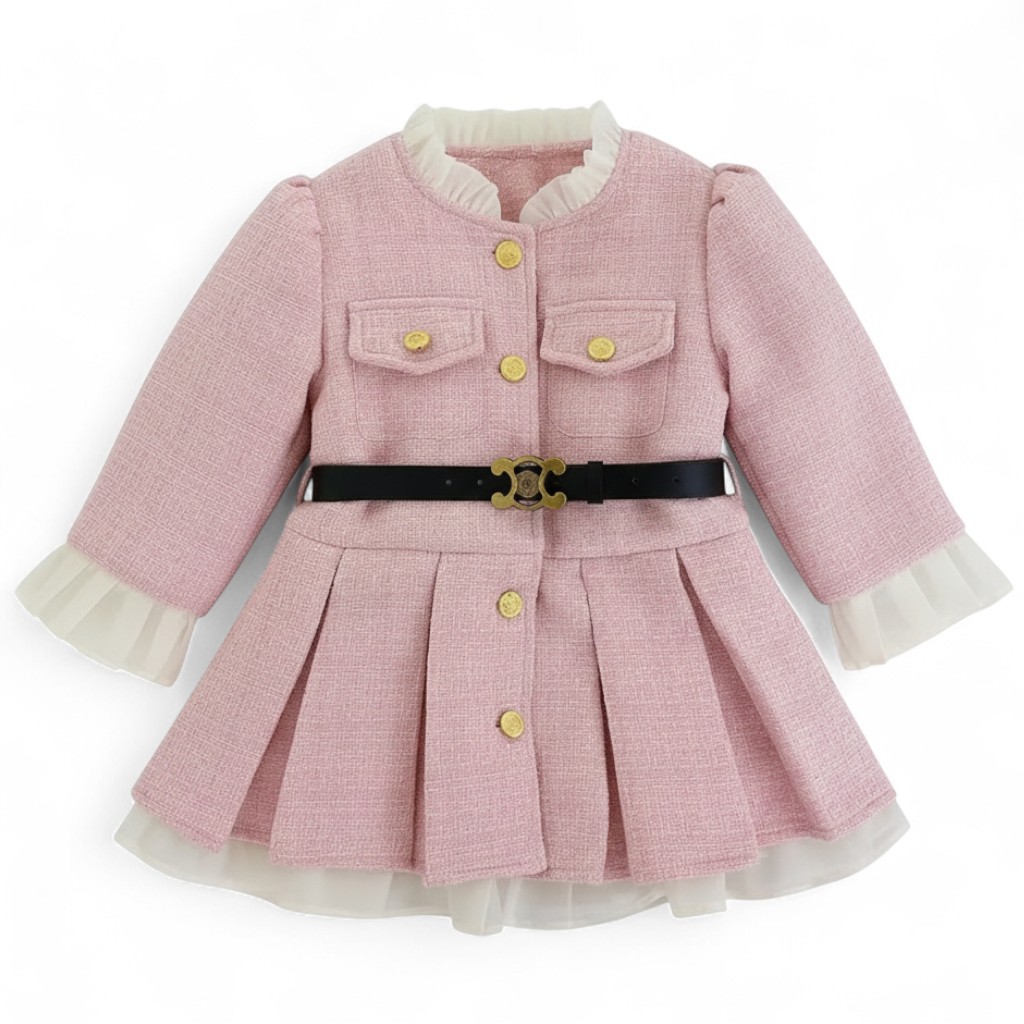 Stylish Dress With Belt And Buttons For Girls