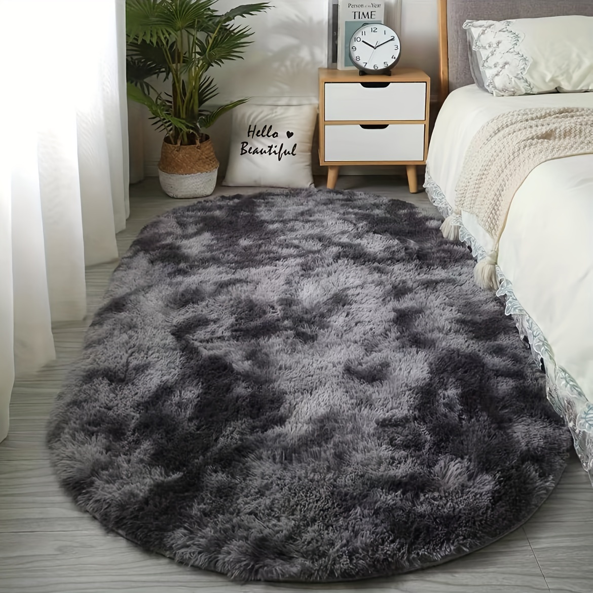 Soft Fluffy Oval Bedroom Rug With Rubber Backing
