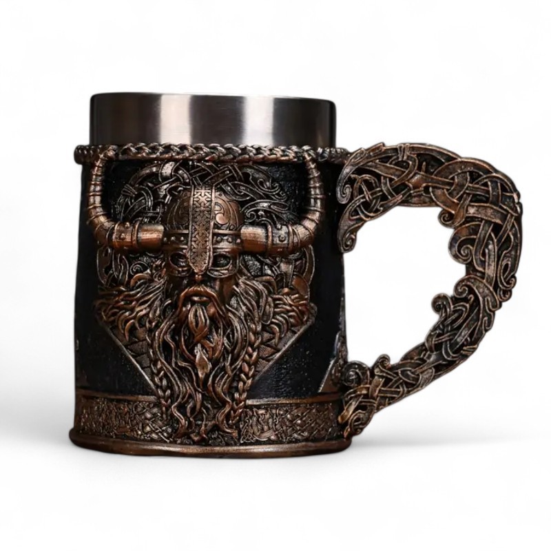 Stainless Steel Drink Mug With Norse Style Warrior And Dragon Design