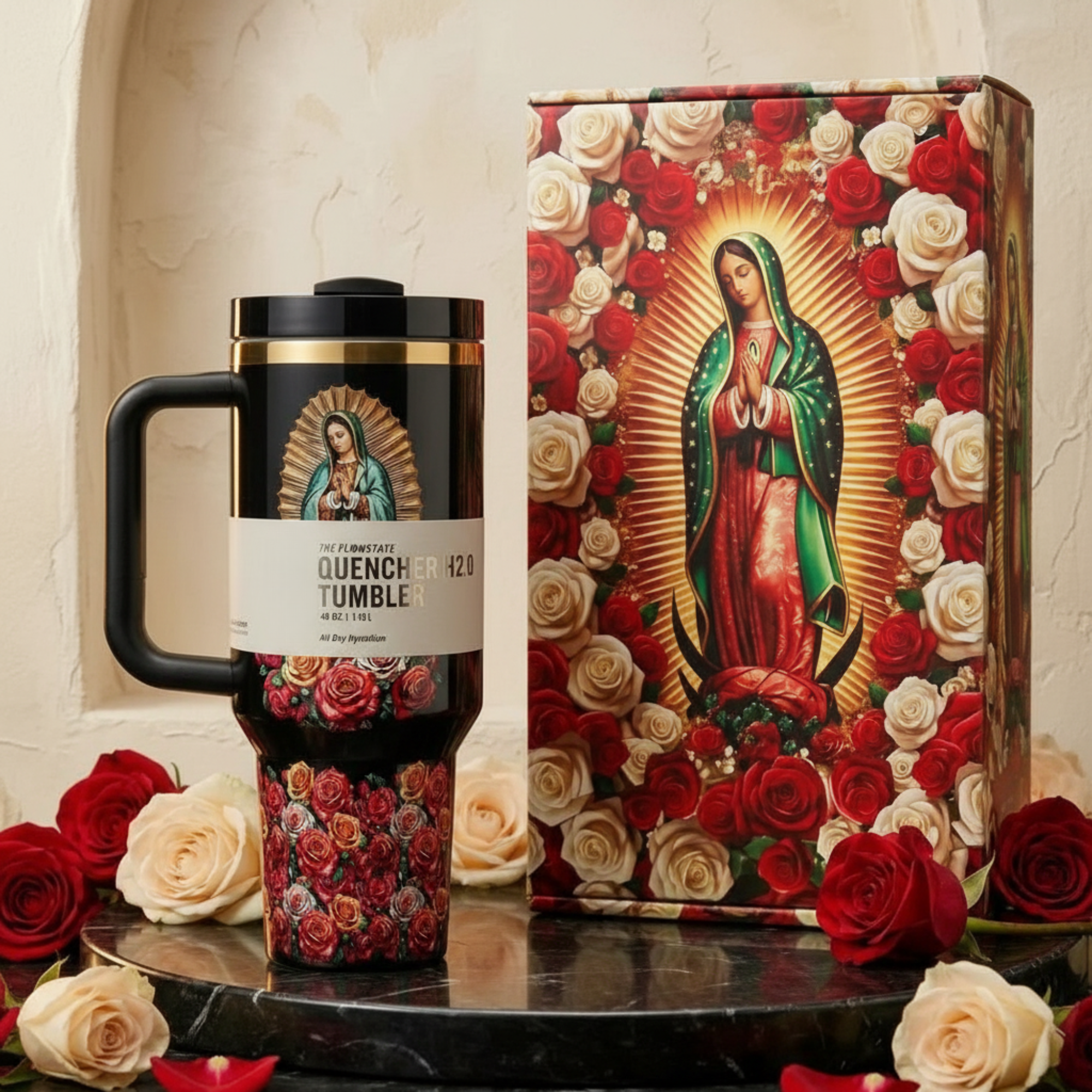 Our Lady Of Guadalupe 40oz Tumbler Front View With Handle