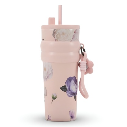 Stainless Steel Floral Pattern Tumbler With Straw And Carry Strap