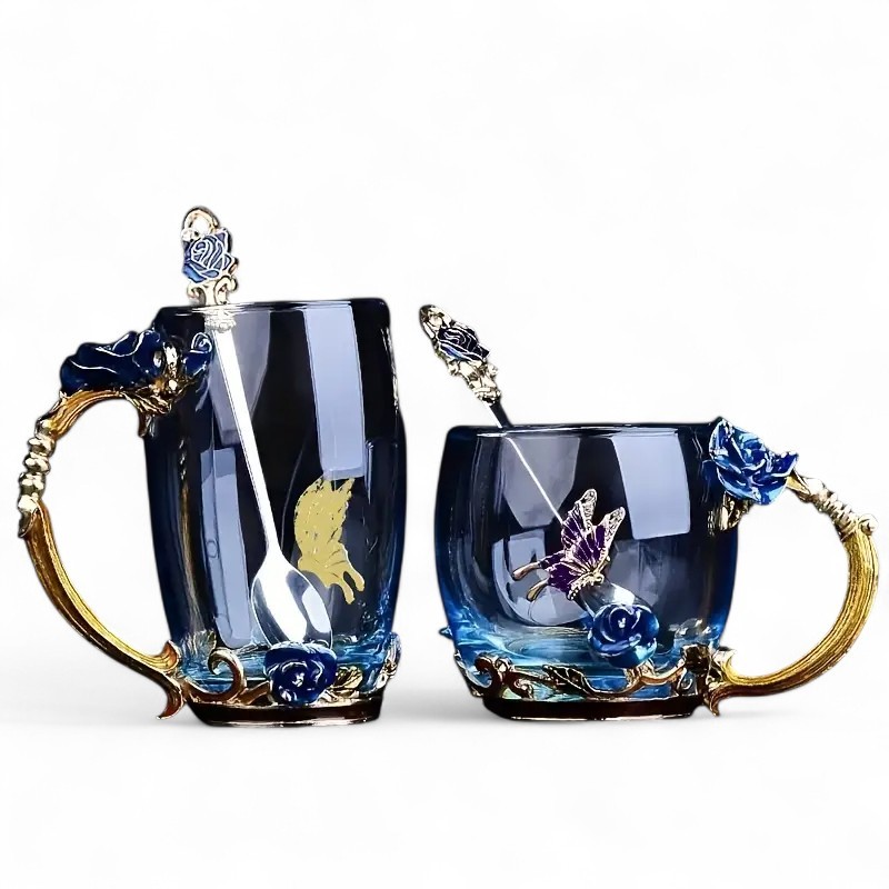 Crystal Glass Cup Set With Butterfly Accent And Rose Spoon For Drinks