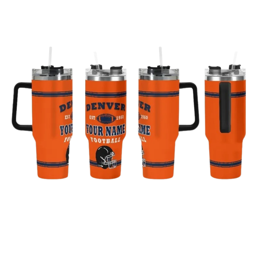 Personalized Denver Broncos Football Themed Travel Mug