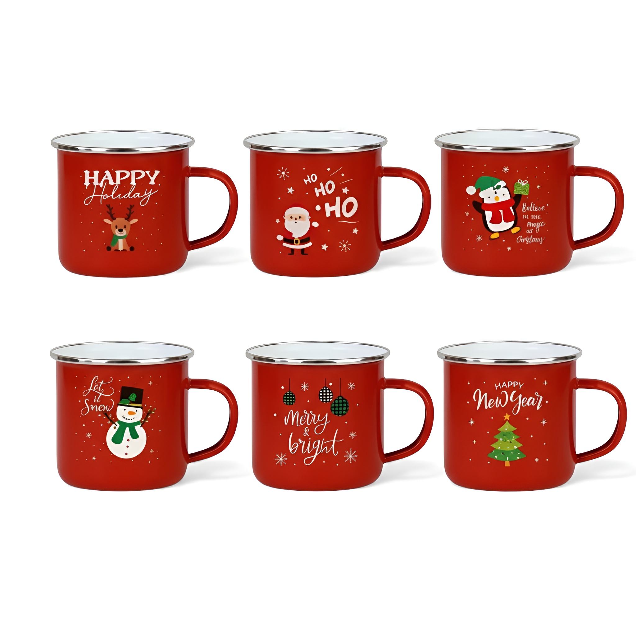Pack Of 6 Merry Christmas Enamel Mug Collection With Reindeer And Snowman Graphics