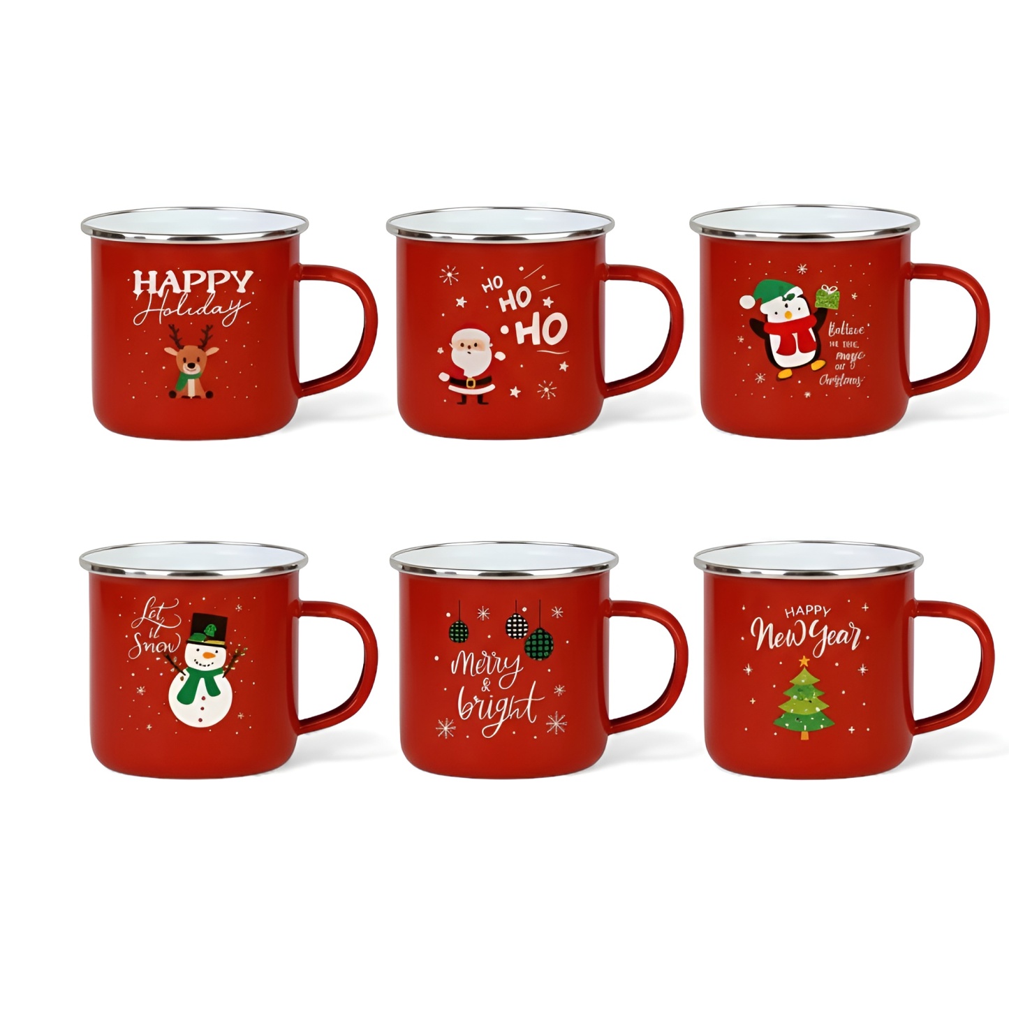 Pack Of 6 Merry Christmas Enamel Mug Collection With Reindeer And Snowman Graphics
