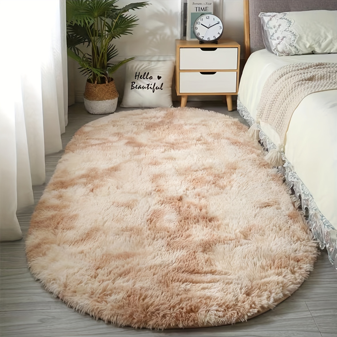 Soft Fluffy Oval Bedroom Rug With Rubber Backing