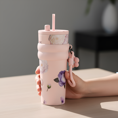Stainless Steel Floral Pattern Tumbler With Straw And Carry Strap