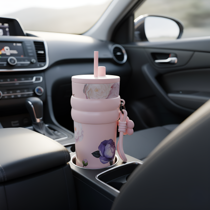 Stainless Steel Floral Pattern Tumbler With Straw And Carry Strap