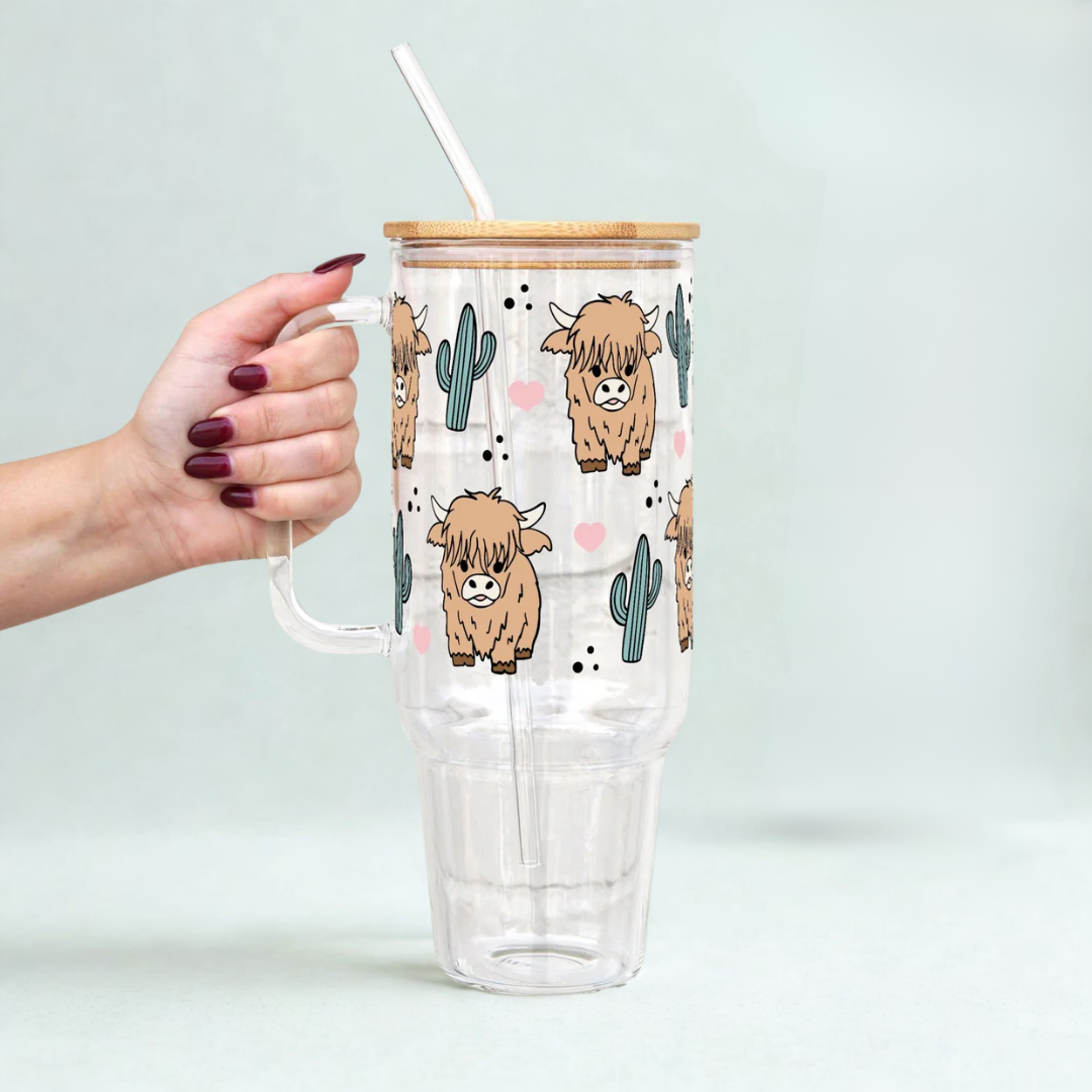 Fluffy Highland Cow With Cacti Tumbler With Lid and Straw