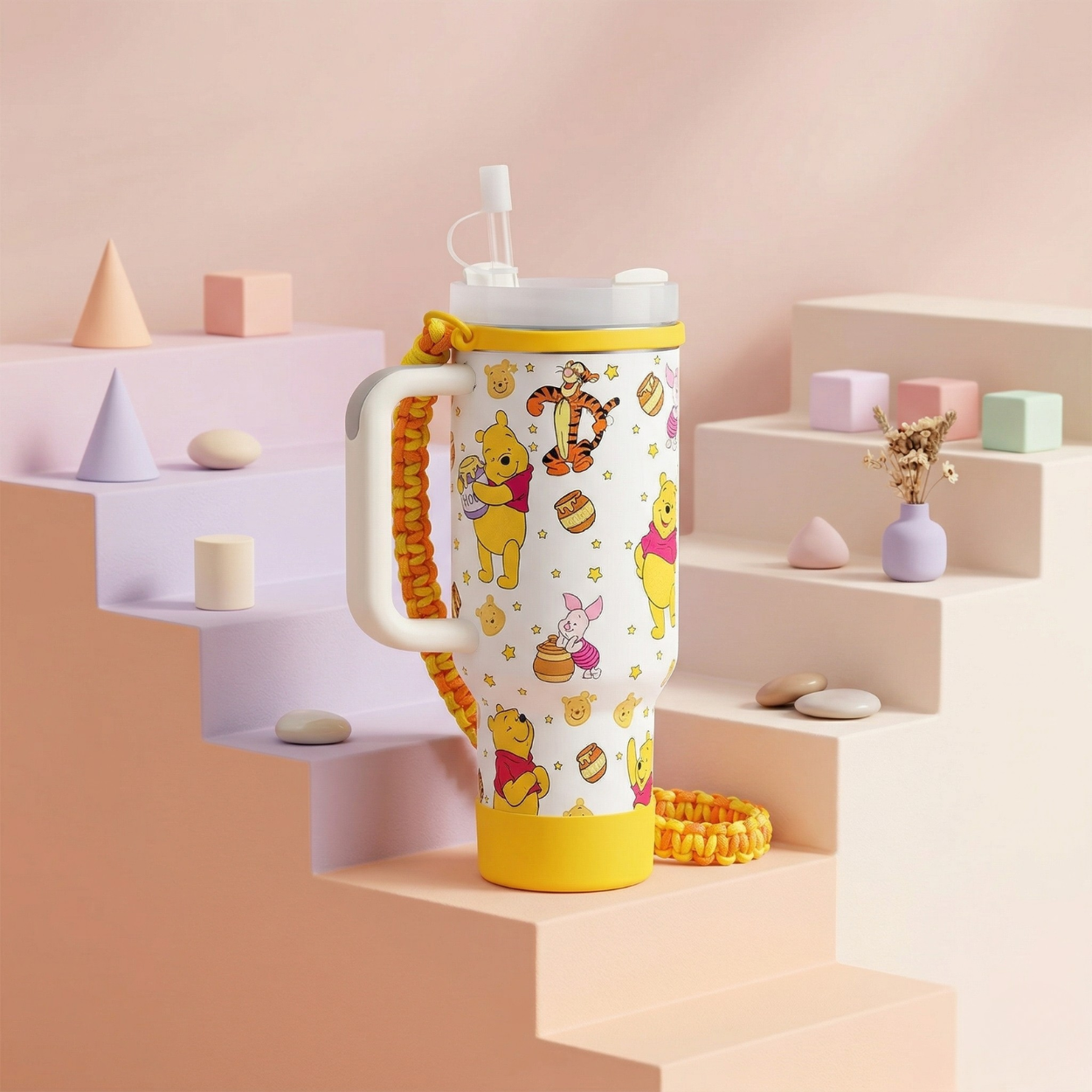 Cartoon Print 40oz Handle Tumbler With Braided Strap