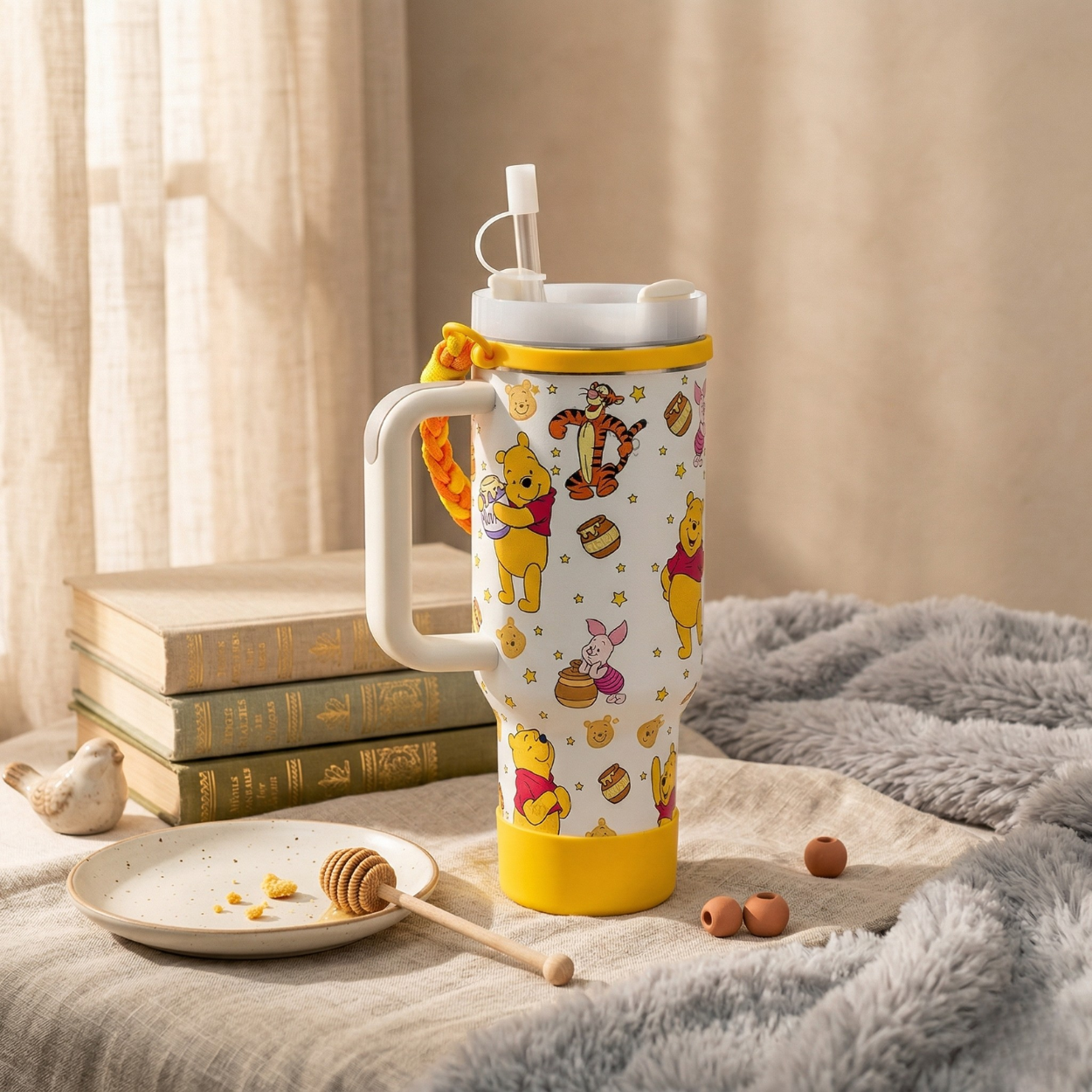 Cartoon Print 40oz Handle Tumbler With Braided Strap