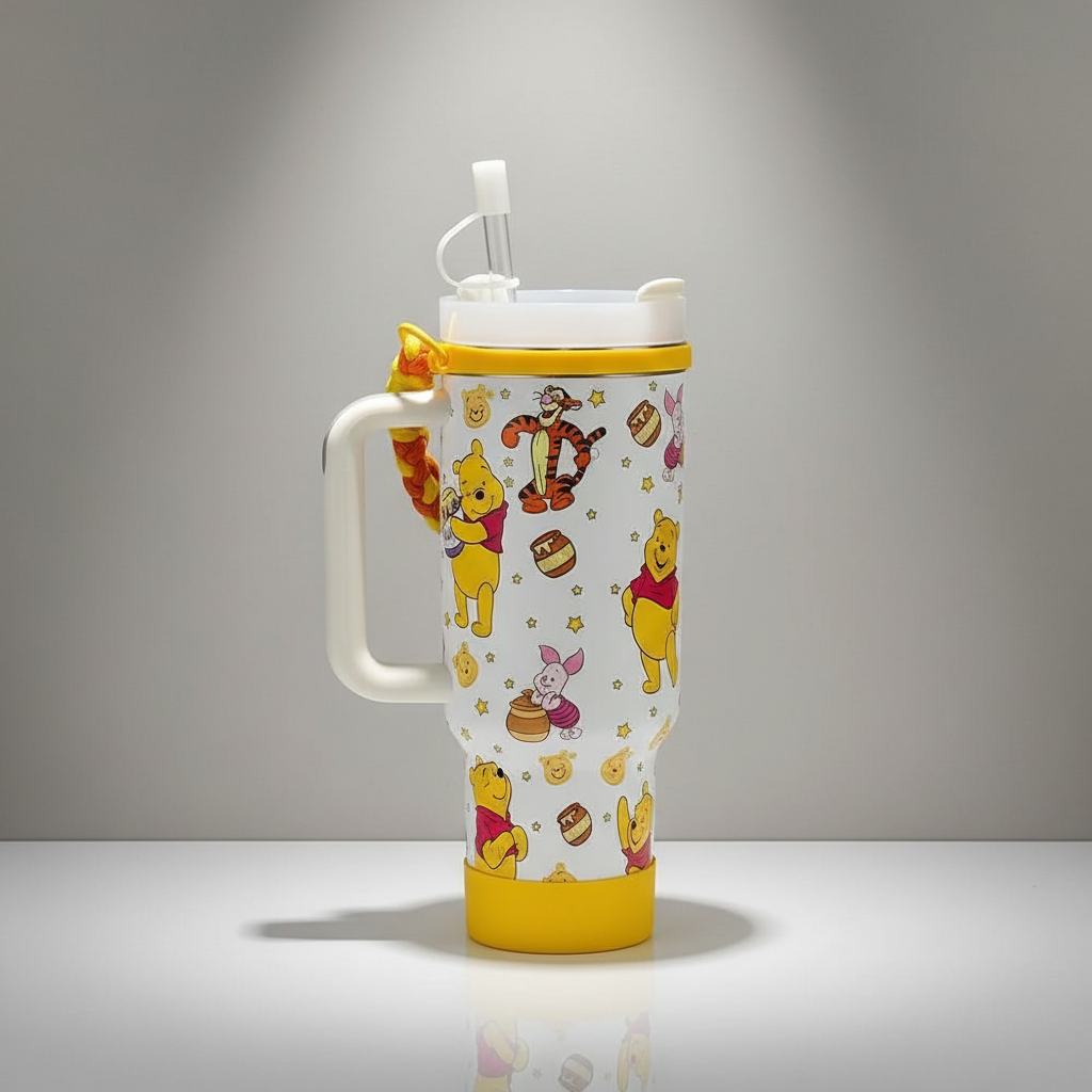 Cartoon Print 40oz Handle Tumbler With Braided Strap