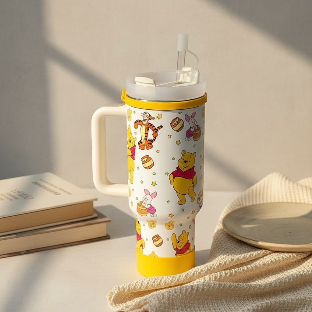 Cartoon Print 40oz Handle Tumbler With Braided Strap