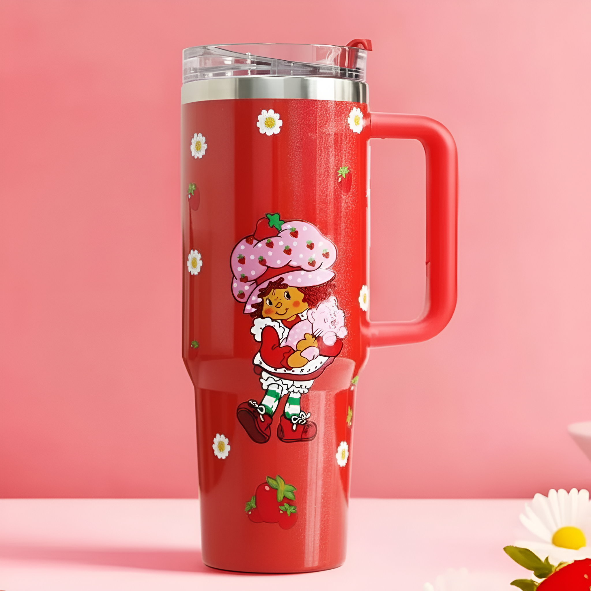 Red Strawberry Shortcake 40oz Tumbler Front View With Handle