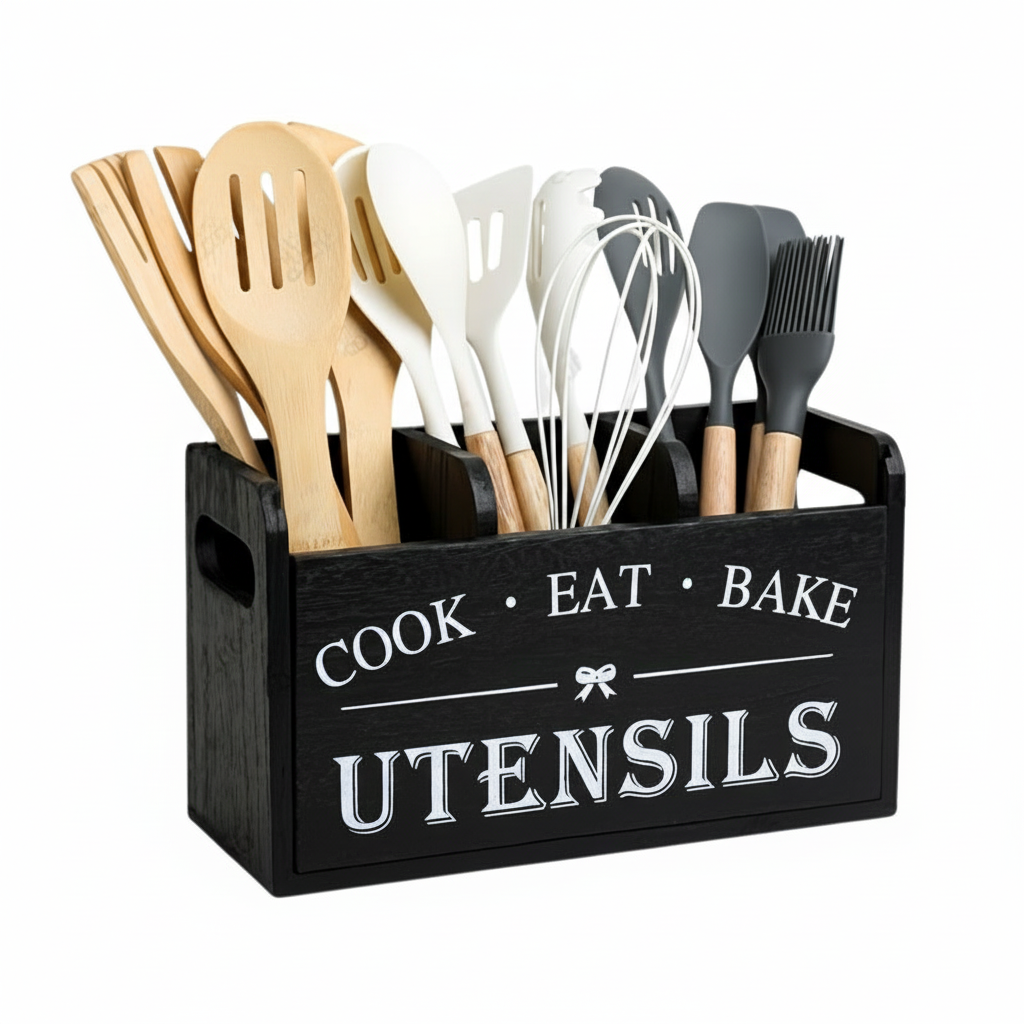 Wooden Kitchen Utensil Organizer Caddy Set