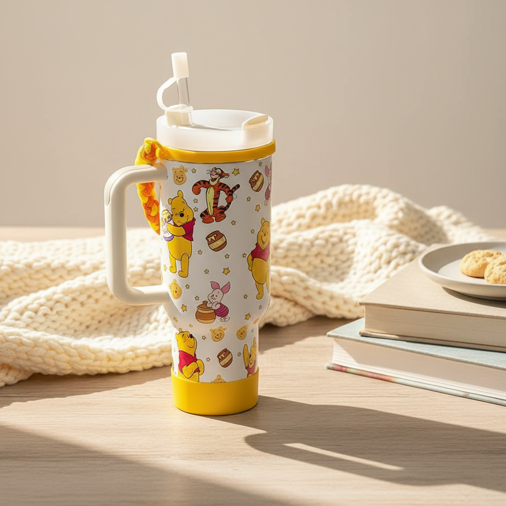 Cartoon Print 40oz Handle Tumbler With Braided Strap