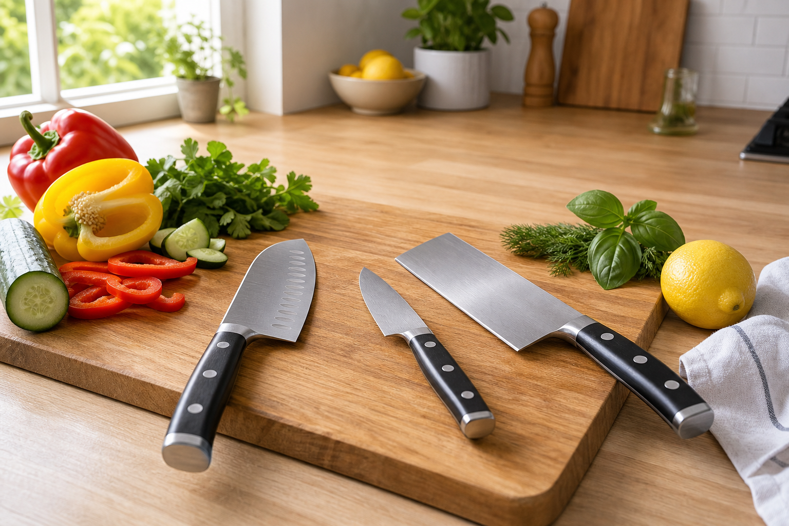 Santoku, utility and nakiri-style kitchen knives beside fresh vegetables on a wooden cutting board
