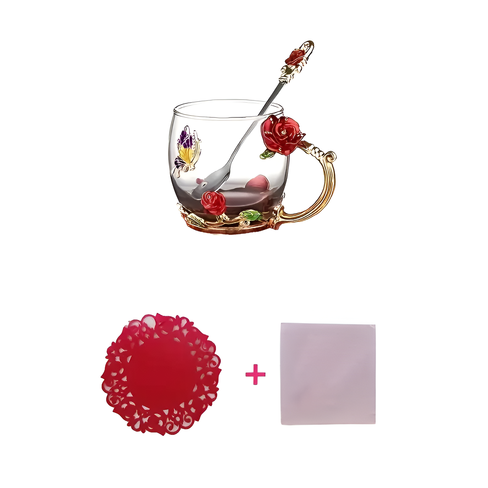 Crystal Glass Cup Set With Butterfly Accent And Rose Spoon For Drinks