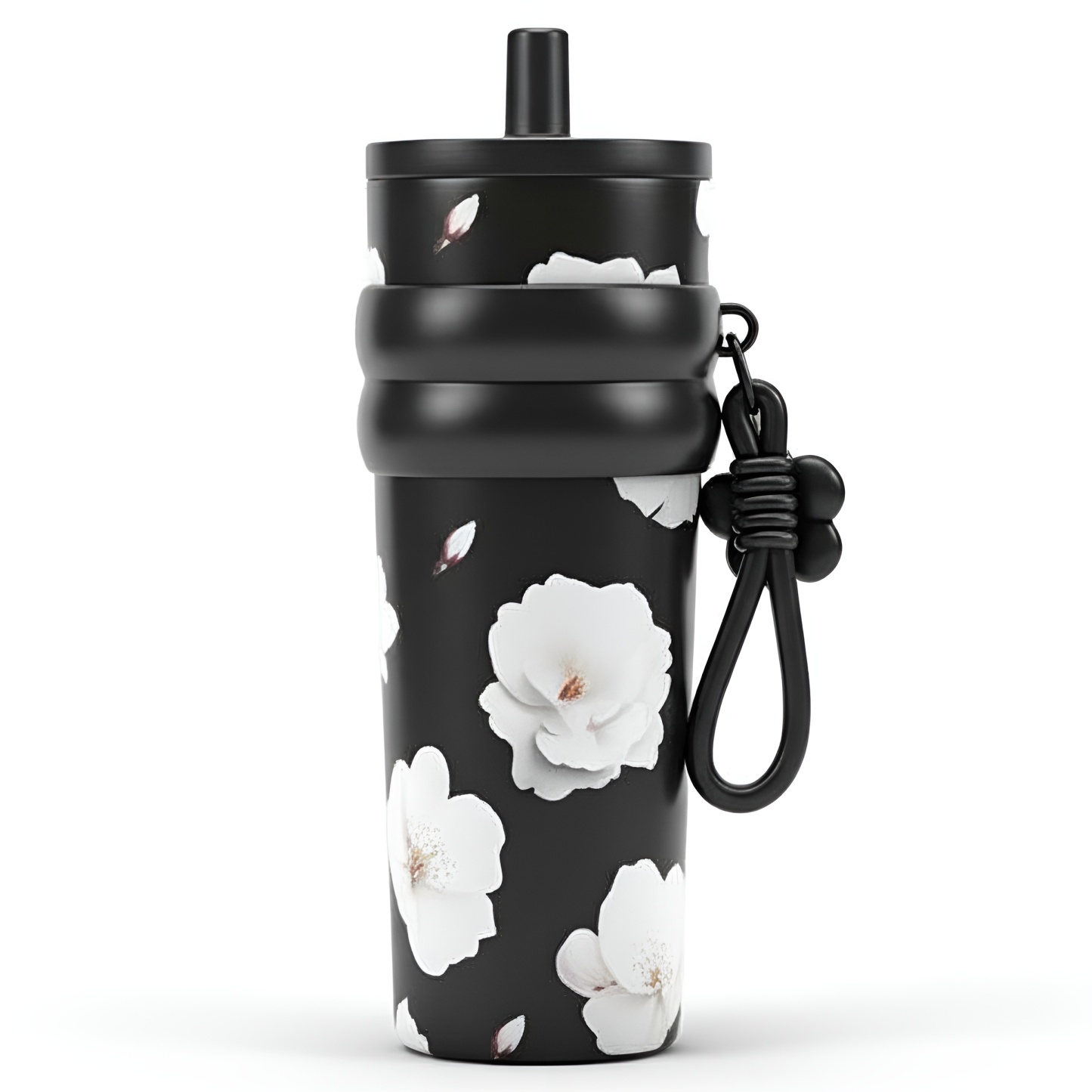 Stainless Steel Floral Pattern Tumbler With Straw And Carry Strap