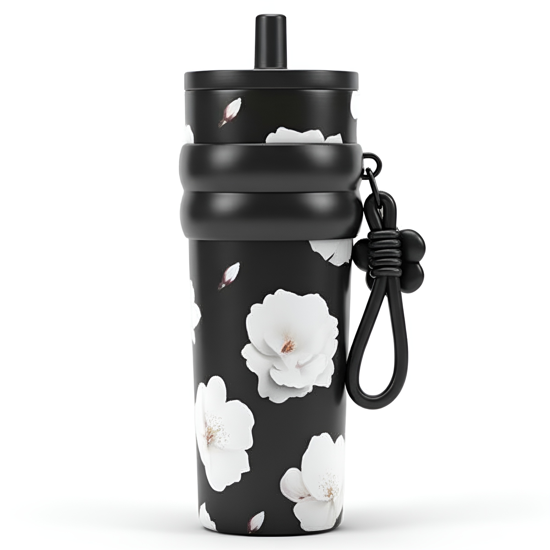 Stainless Steel Floral Pattern Tumbler With Straw And Carry Strap