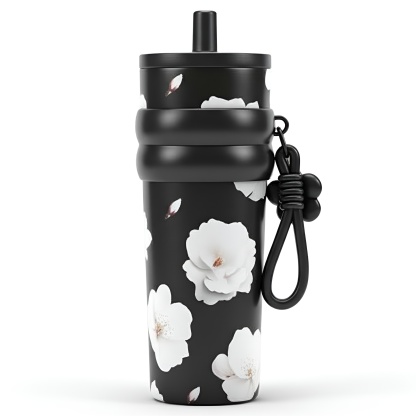 Stainless Steel Floral Pattern Tumbler With Straw And Carry Strap
