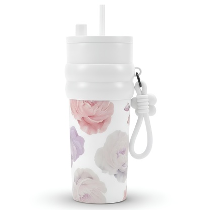 Stainless Steel Floral Pattern Tumbler With Straw And Carry Strap