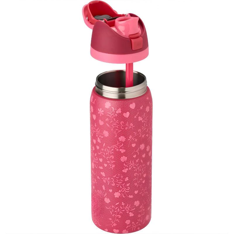 32 Oz Insulated Stainless Steel Floral Water Bottle With Straw Lid