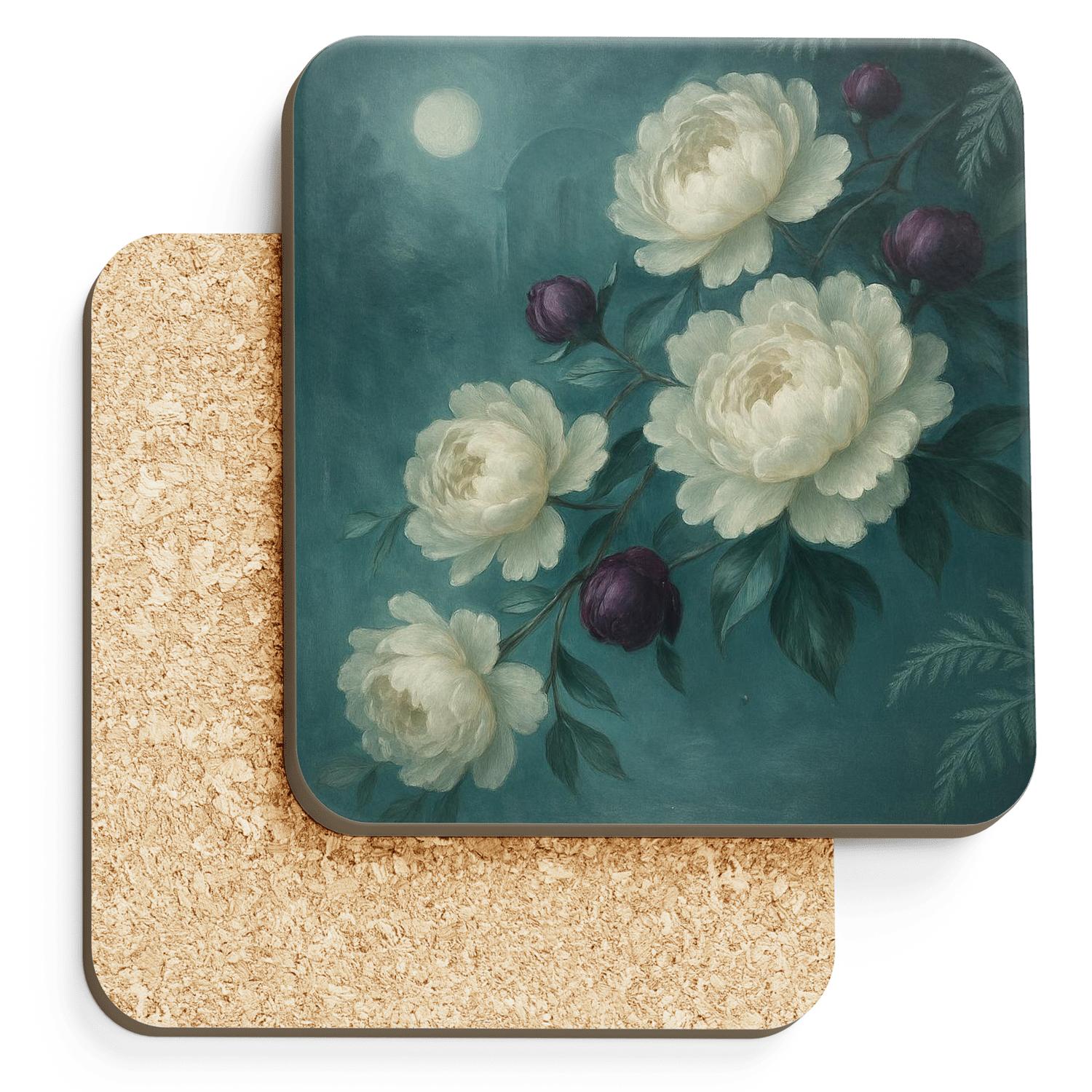 Moonlit Peony Cascade custom engraved coasters