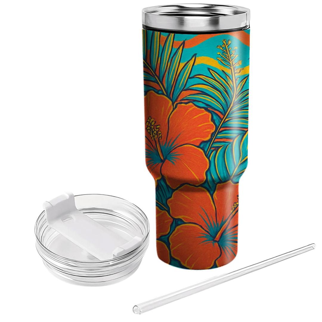 Coral Hibiscus Wave tumblers with lids