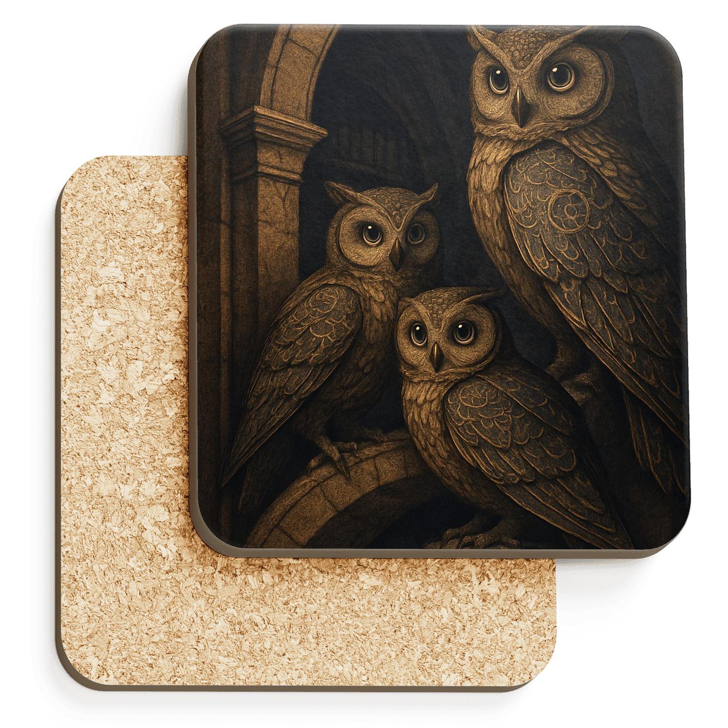 Clockwork Owl Guardians wooden table coasters
