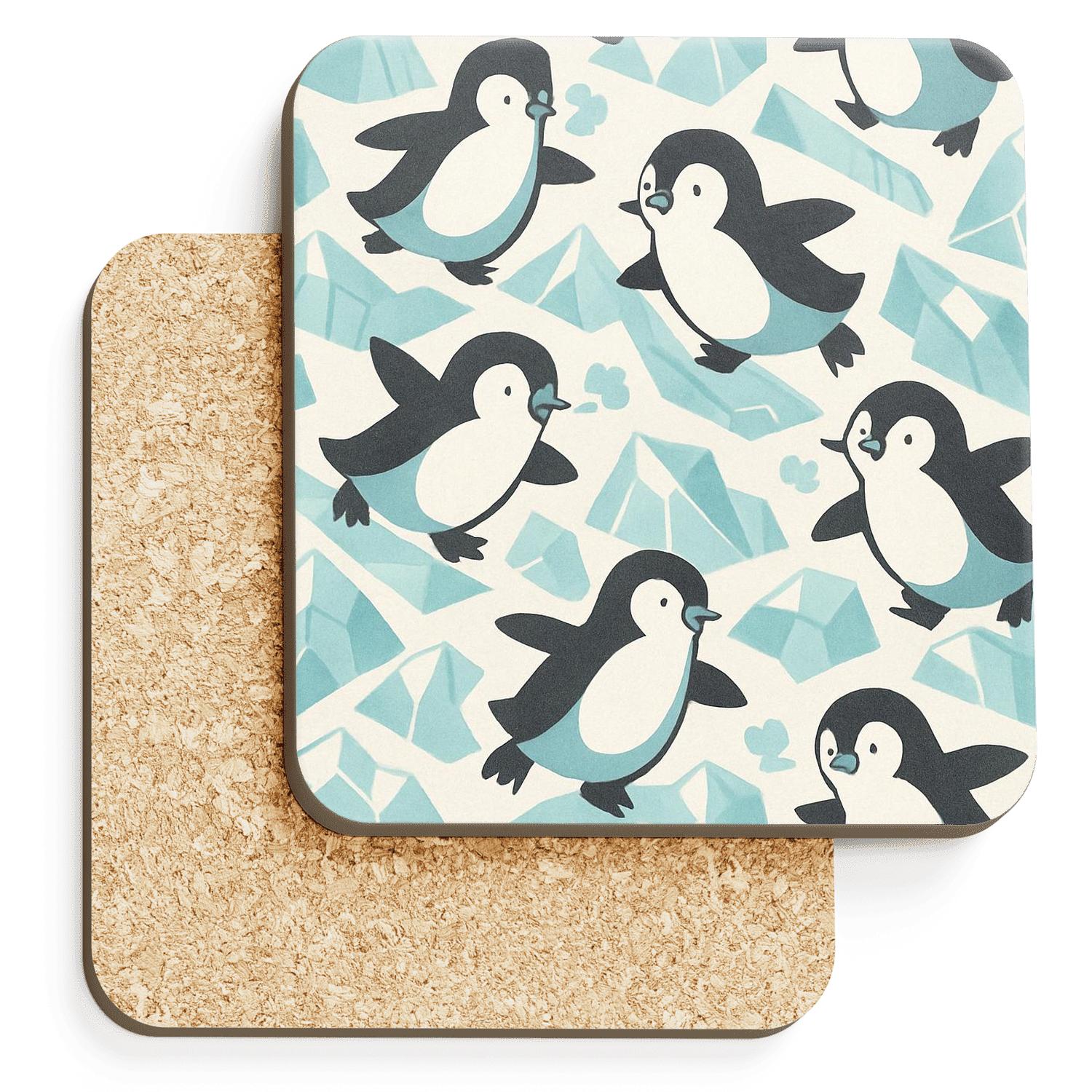 Playful Arctic Geometry Penguins cork coaster sets