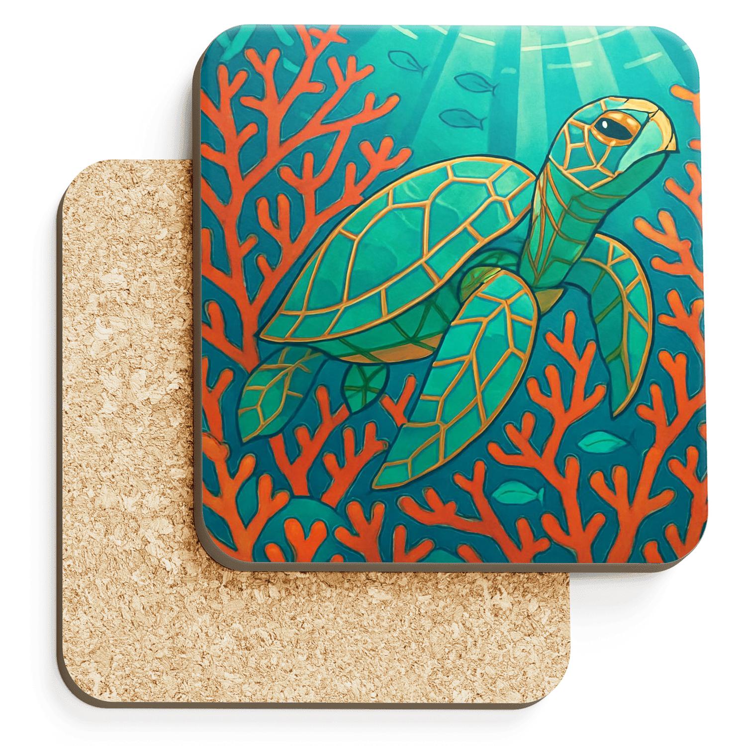 Geometric Reef Turtle decorative beverage coasters