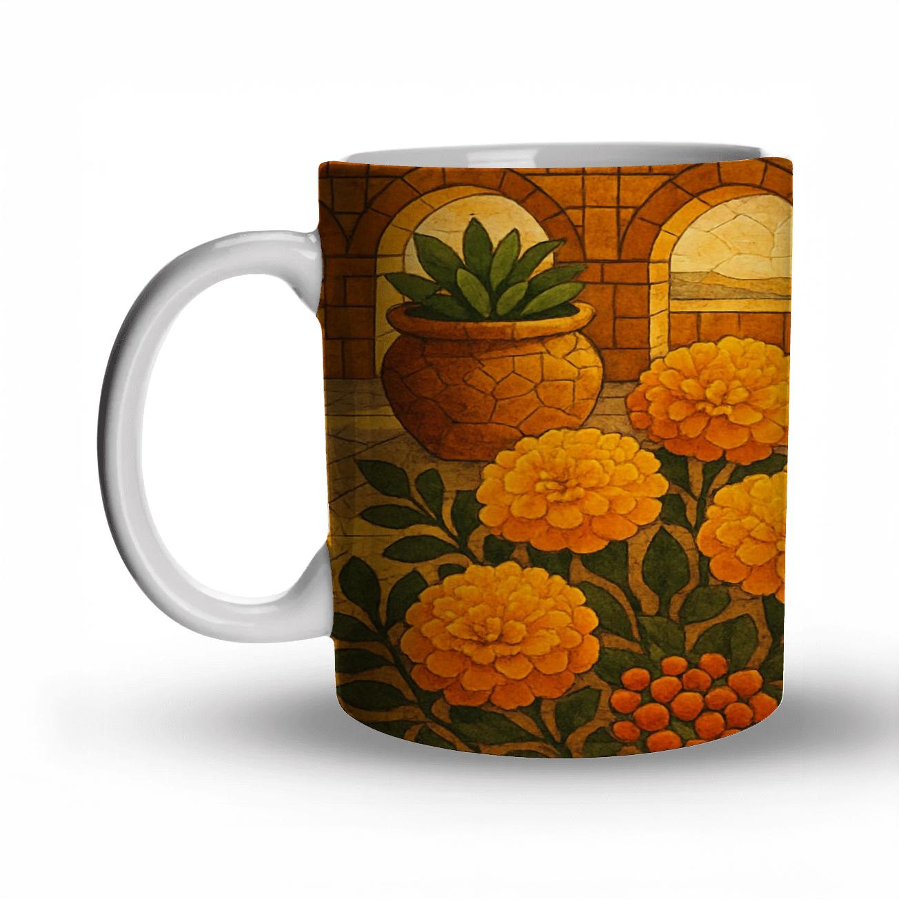 Desert Marigold Mosaic travel mugs with handles