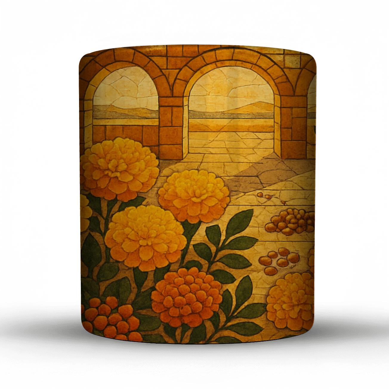 Desert Marigold Mosaic travel mugs with handles
