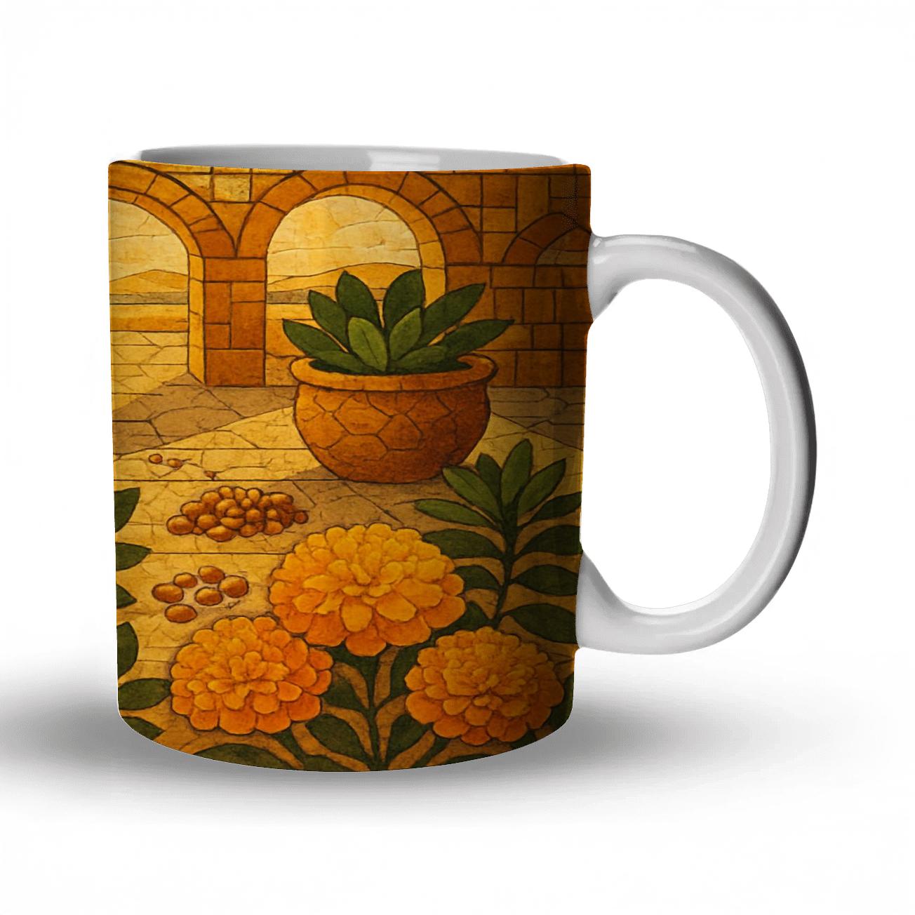 Desert Marigold Mosaic travel mugs with handles