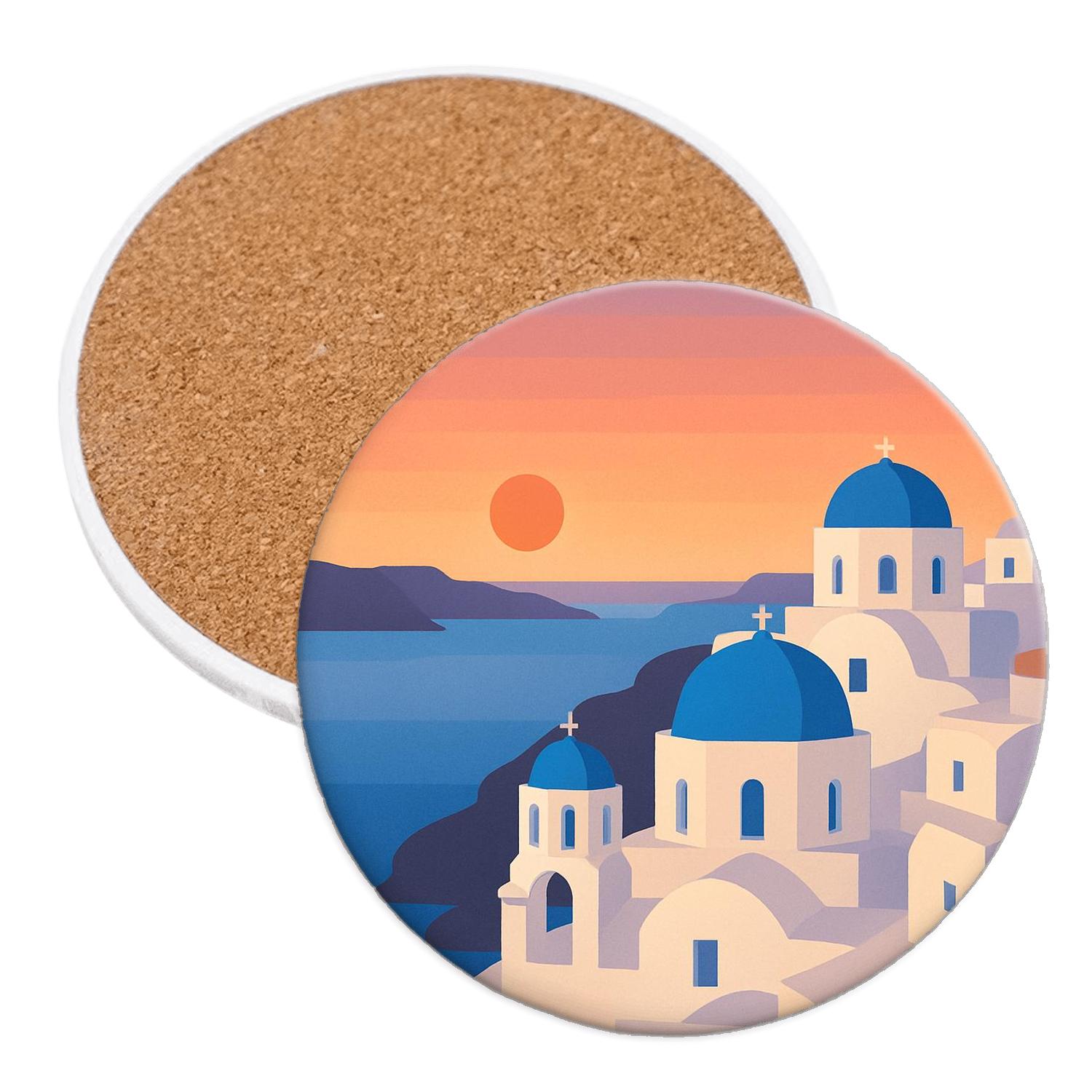 Santorini Caldera Sunset cork coaster sets