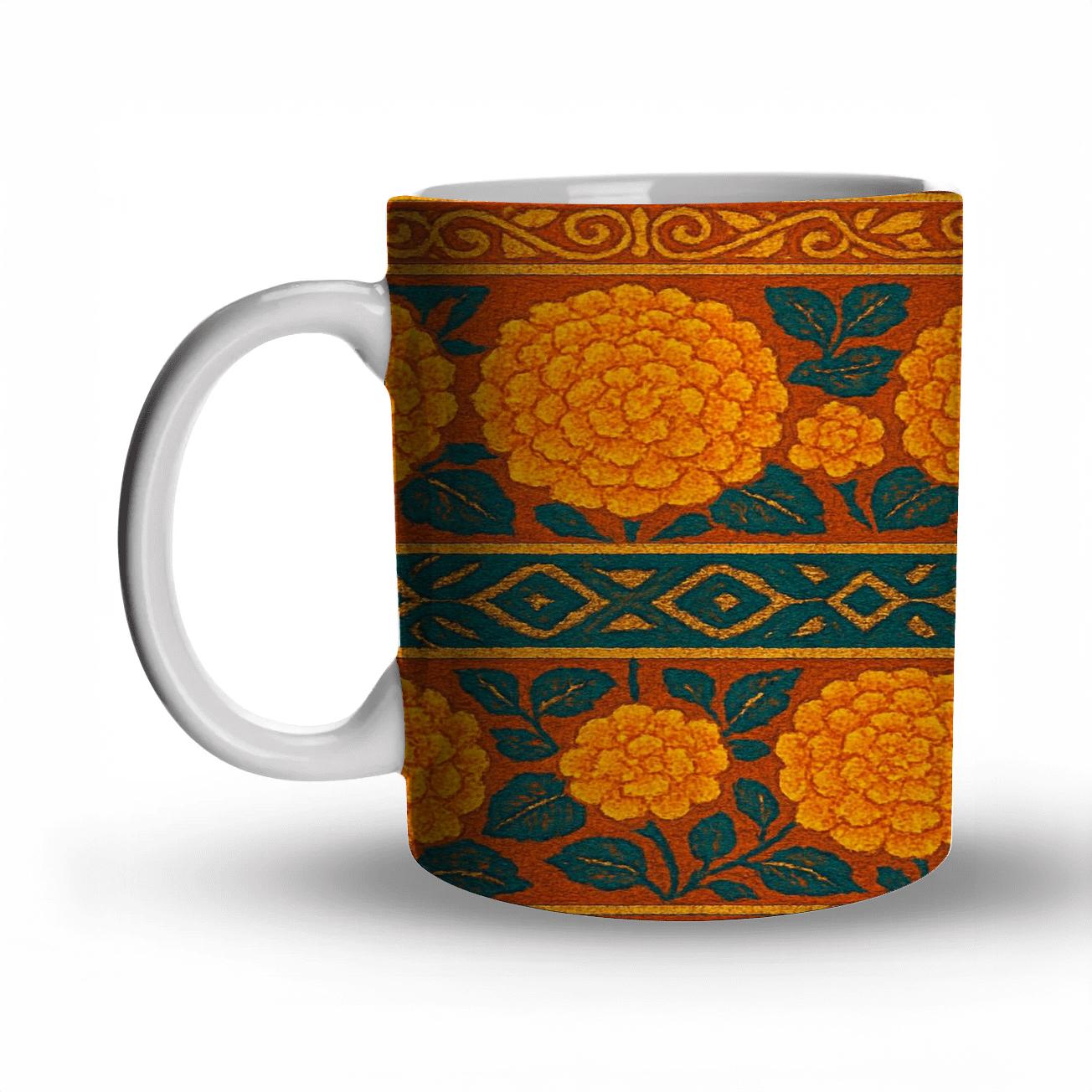 Solar Marigold Tapestry travel mugs with handles