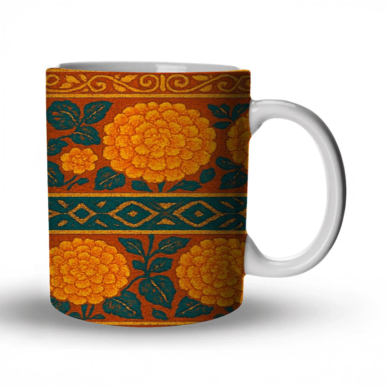 Solar Marigold Tapestry travel mugs with handles