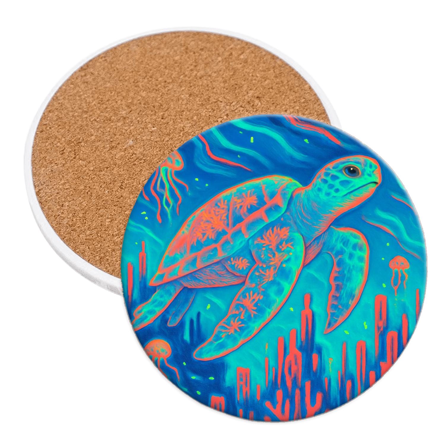 Neon Reef Turtle cork coaster sets