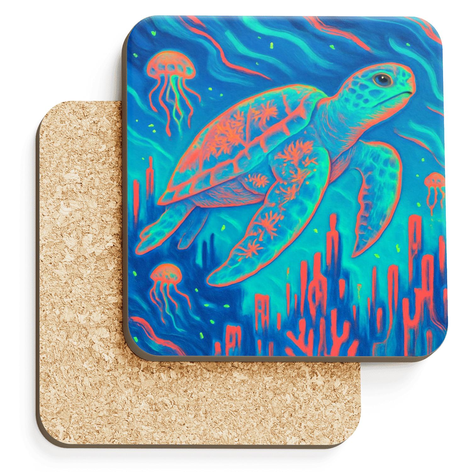 Neon Reef Turtle coasters for home decor