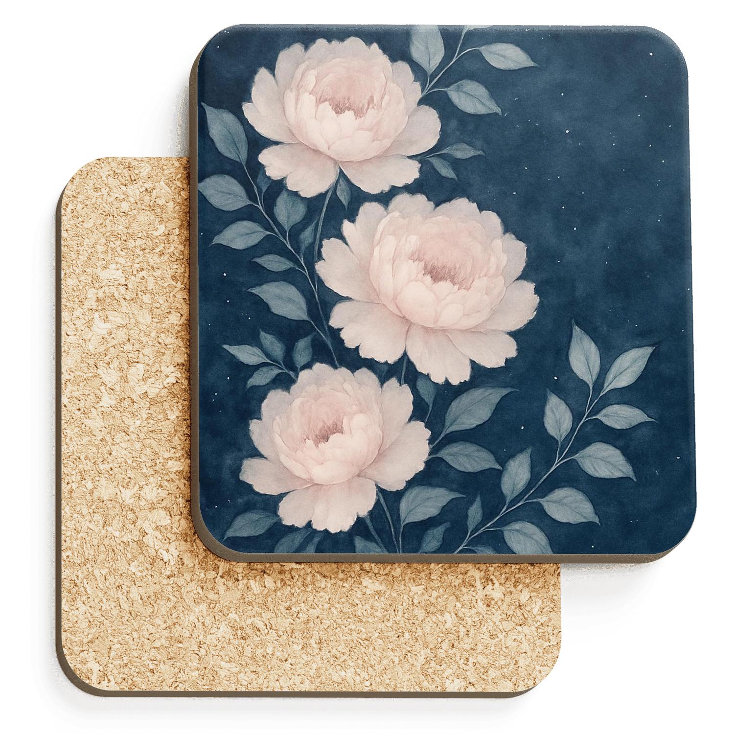 Moonlit Peony Cascade elegant tabletop coasters